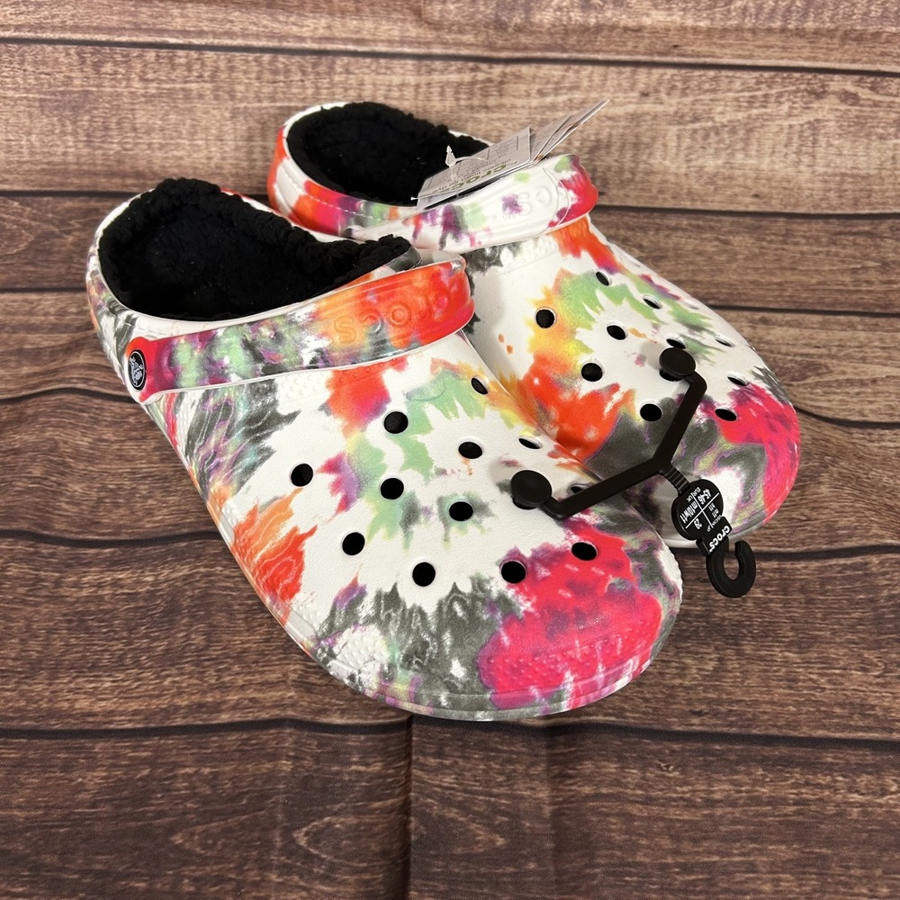 CROCS Tie-Dye Fuzzy-Lined Slip-On Clogs in White, Pink, Orange, Green, Gray